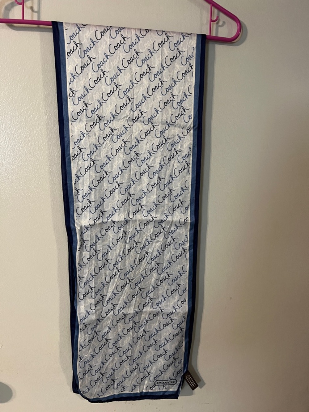 Vintage Coach White and Navy Script Silk Scarf